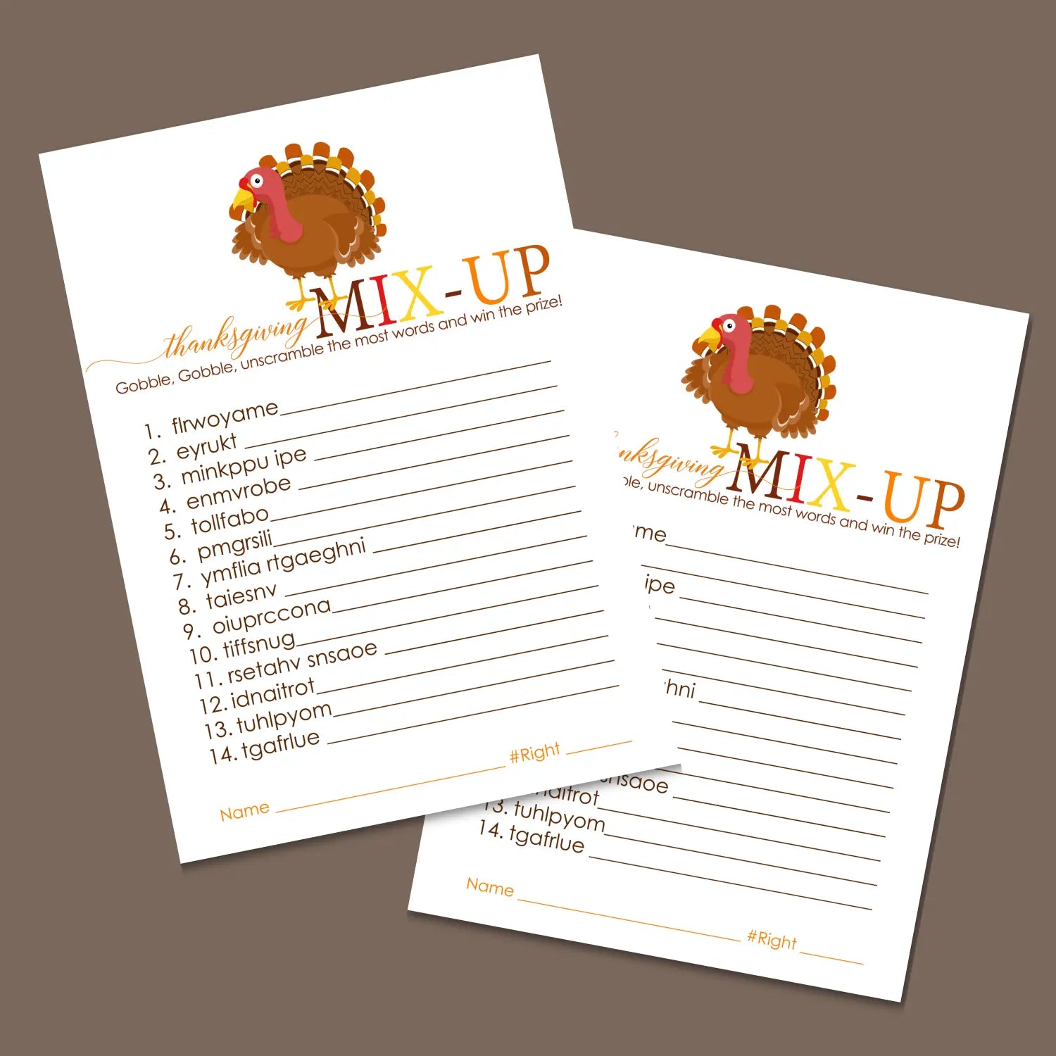 Thanksgiving word scramble printable – digital download with turkey design answer key 5x7 letter size instant personal