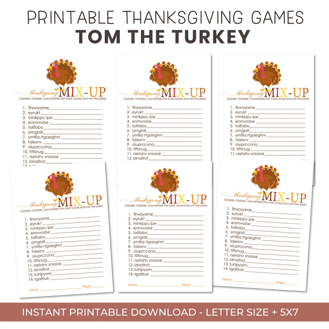 Thanksgiving word scramble printable – digital download with turkey design answer key 5x7 letter size instant personal