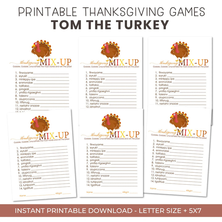 Thanksgiving word scramble printable – digital download with turkey design answer key 5x7 letter size instant personal