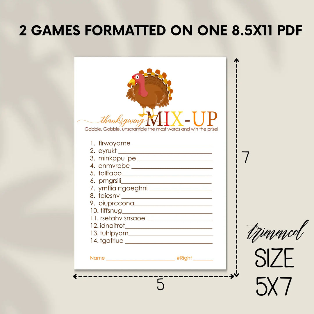 Thanksgiving word scramble printable – digital download with turkey design answer key 5x7 letter size instant personal