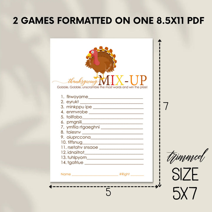 Thanksgiving word scramble printable – digital download with turkey design answer key 5x7 letter size instant personal