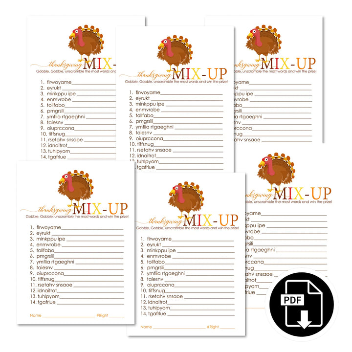 Thanksgiving word scramble printable – digital download with turkey design answer key 5x7 letter size instant personal