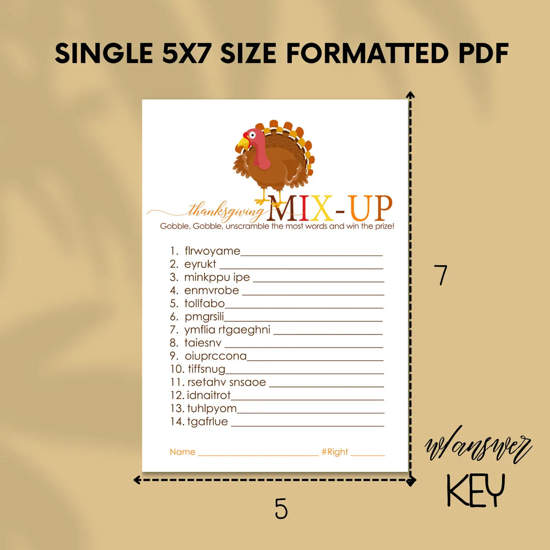 Thanksgiving word scramble printable – digital download with turkey design answer key 5x7 letter size instant personal