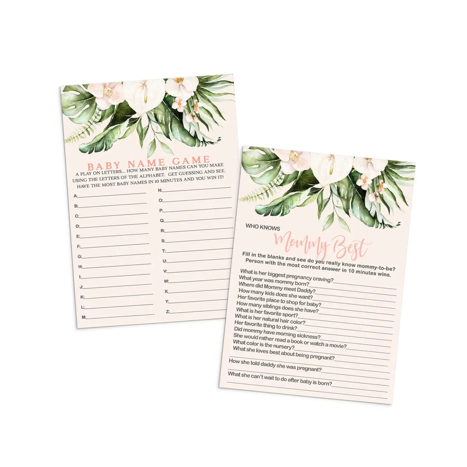 Tropical baby shower game 2-in-1 bundle (25 guests) includes name alphabet and who knows mommy best prize games girl –