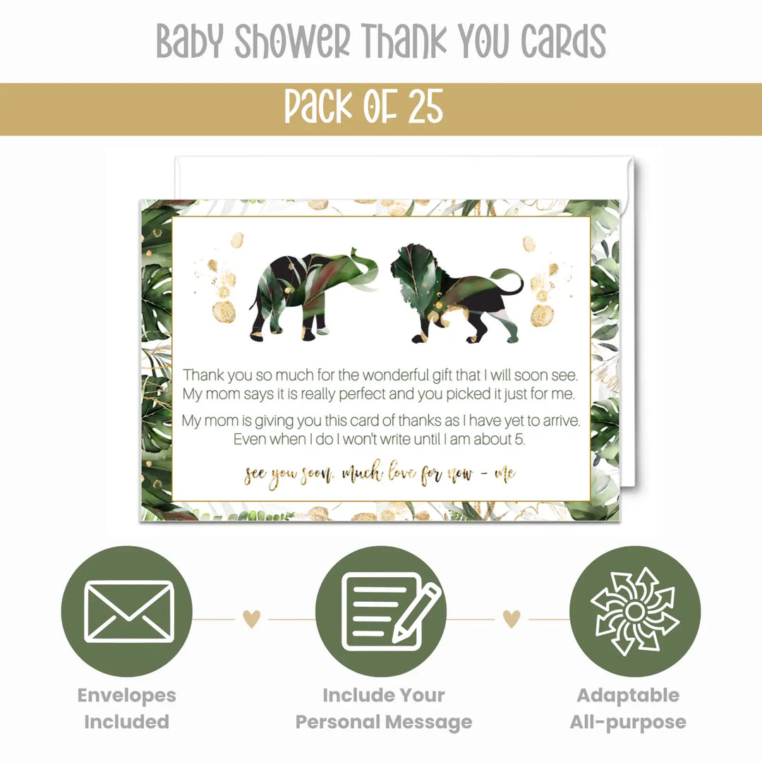 Tropical Baby Shower Thank You Cards – Jungle Greenery Notecards (Pack of 25) - Paper Clever Party