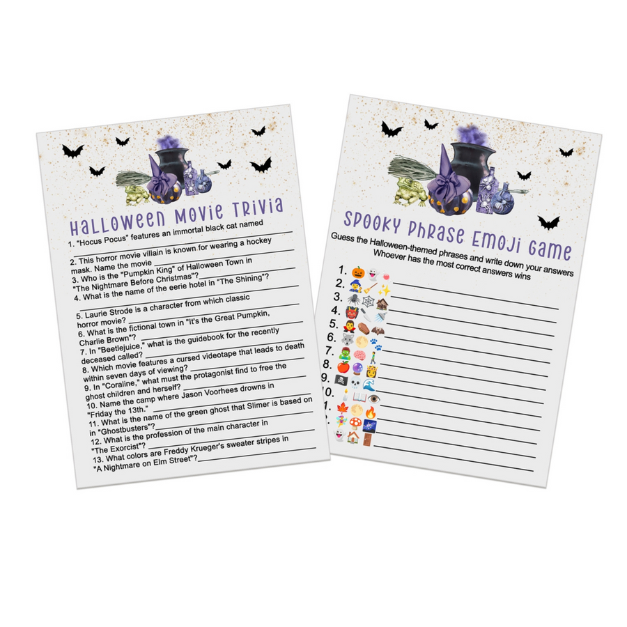 Trouble Brewing Halloween Party Game Bundle - 2-in-1 Emojitales & Spooky Movie Trivia - Witch Cauldron & Bats Design - 25 Pack - Paper Clever Party