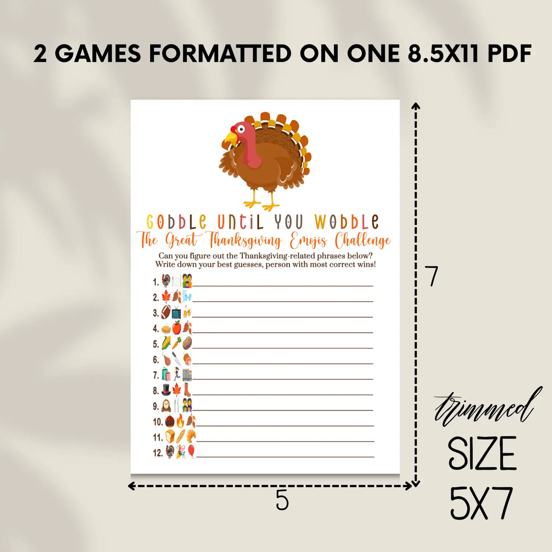 Turkey thanksgiving game printable picture guess digital download with answer key 5x7 cards instant pdf - party games