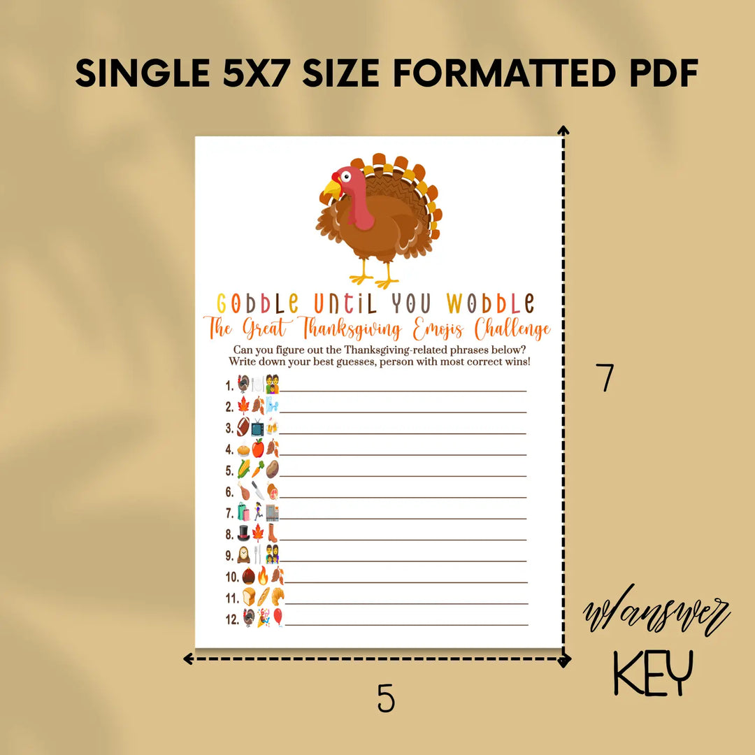 Turkey thanksgiving game printable picture guess digital download with answer key 5x7 cards instant pdf - party games