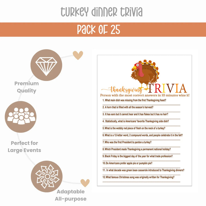 Turkey-Themed Thanksgiving Trivia Game - Fun Party Activity for Friendsgiving & Family - 25 Guests - Paper Clever Party