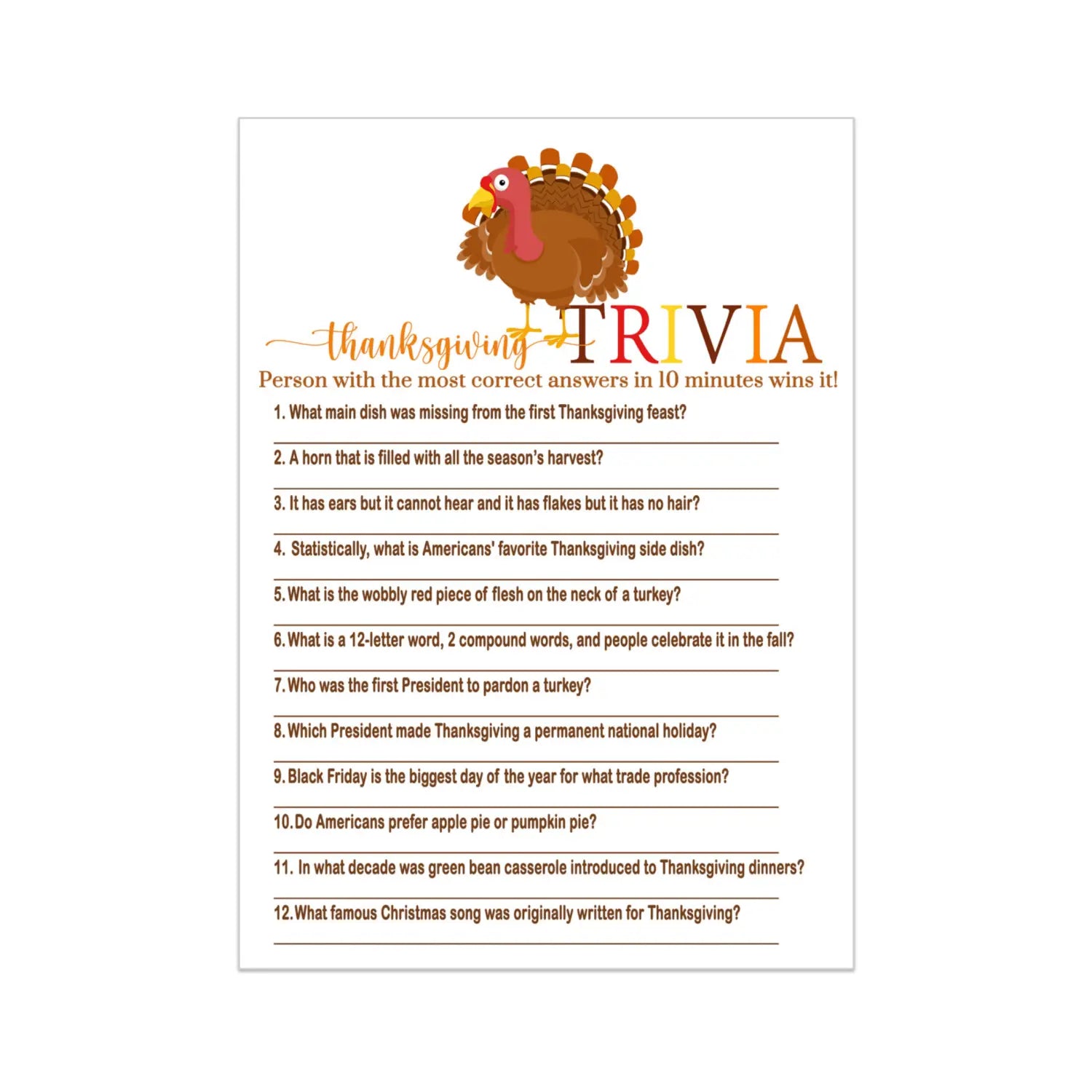 Turkey-themed thanksgiving trivia game - fun party activity for friendsgiving & family - 25 guests - games