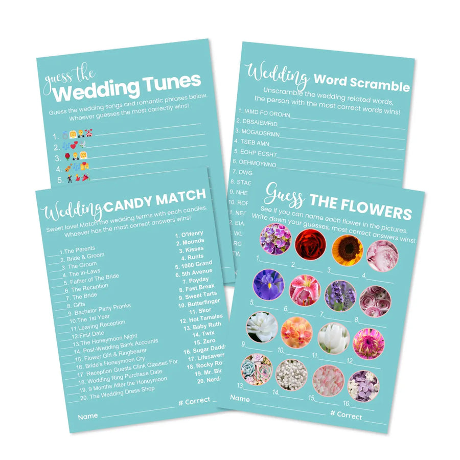 Turquoise dream bridal shower game bundle - instant download of 4 fun wedding games with answer keys - party