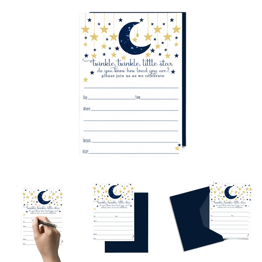 Twinkle Little Star Baby Shower Invitations with Envelopes (15 Pack) - Paper Clever Party