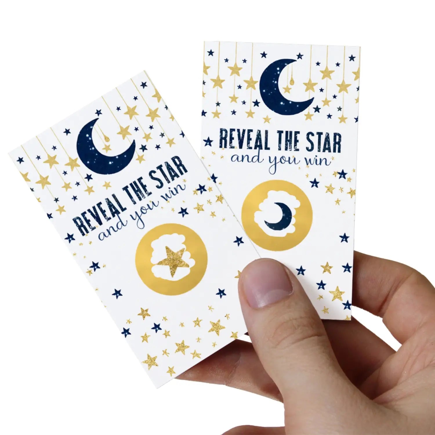 Twinkle little star boy baby shower scratch-off game cards - blue & gold theme - 30 guest activity prizes - party games