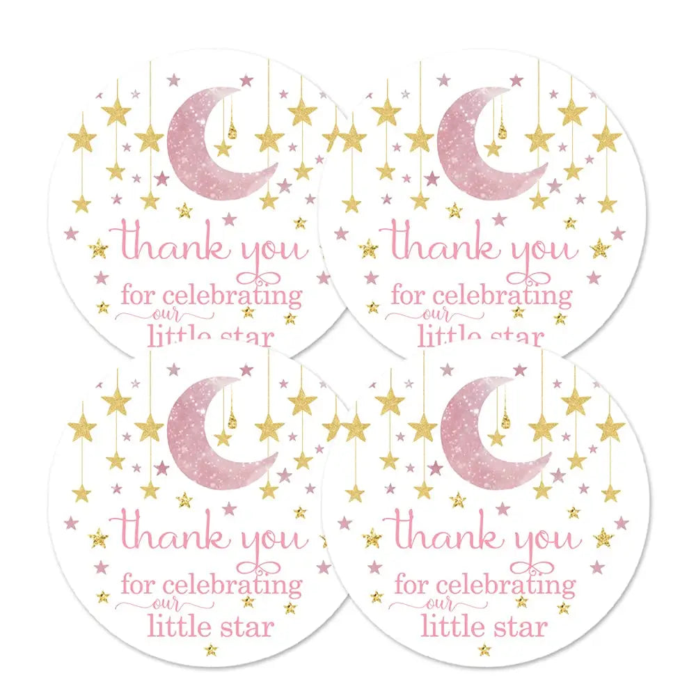 Twinkle little star stickers girls baby shower party favors pink and gold thanks for celebrating labels 50 pack 2x2