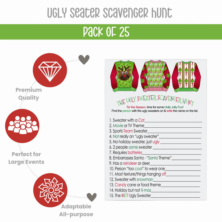 Ugly Sweater Scavenger Game for Christmas Party, Fun Holiday Scavenger Hunt Adults, Festive Fun Activity, 25 Guests, 4x6 - Paper Clever Party