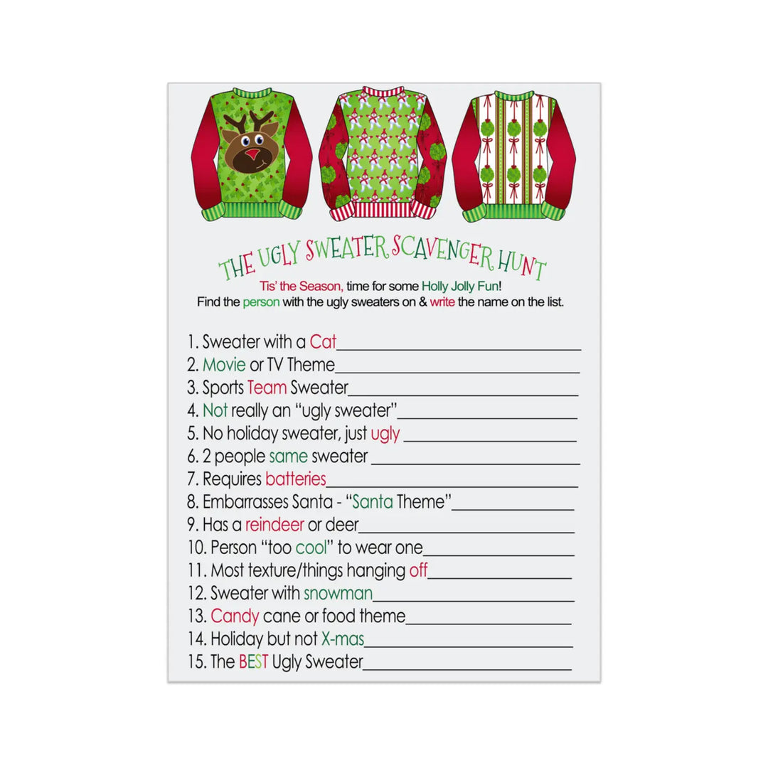 Ugly Sweater Scavenger Game for Christmas Party, Fun Holiday Scavenger Hunt Adults, Festive Fun Activity, 25 Guests, 4x6 - Paper Clever Party