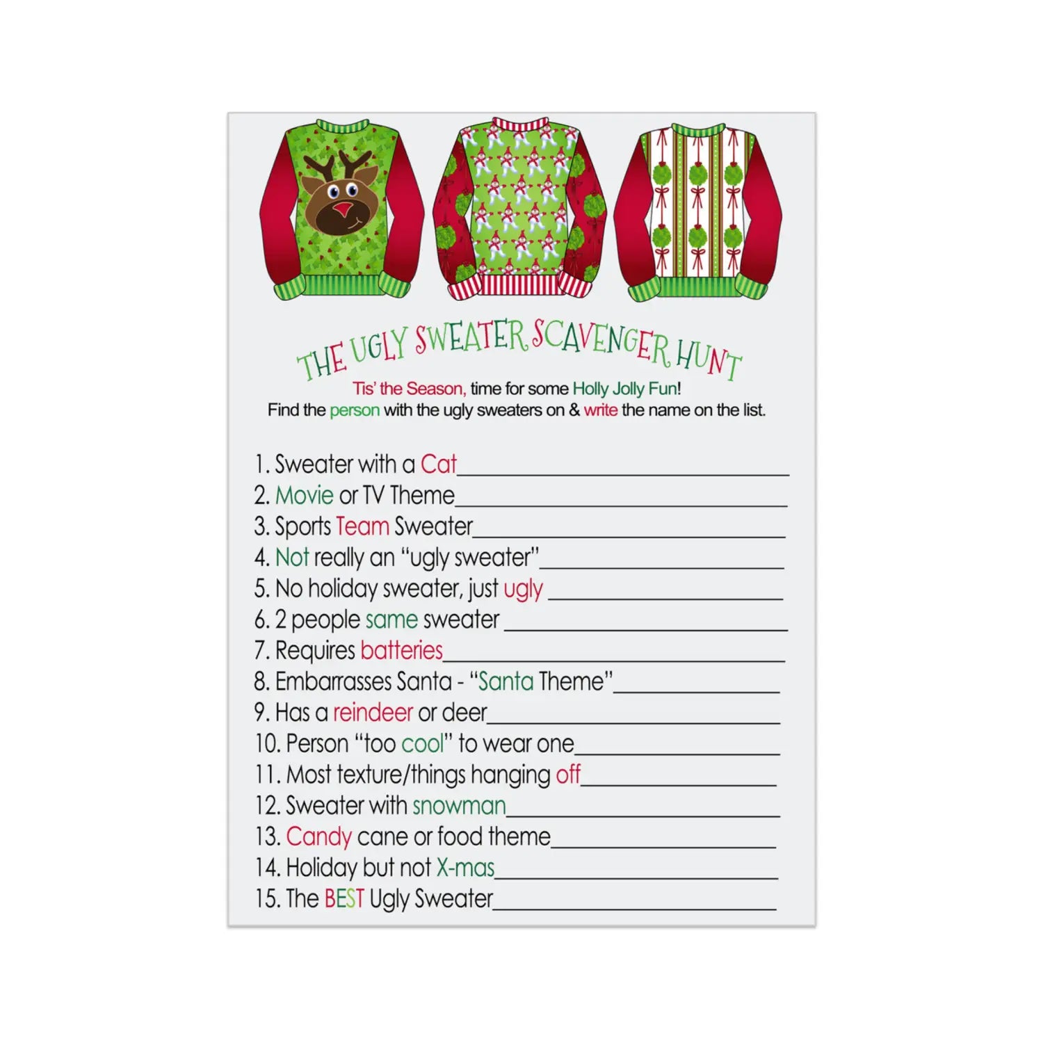 Ugly sweater scavenger game for christmas party fun holiday hunt adults festive activity 25 guests 4x6 - games