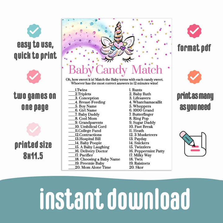 Unicorn baby shower candy matching game printable pdf whimsical rainbows - party games