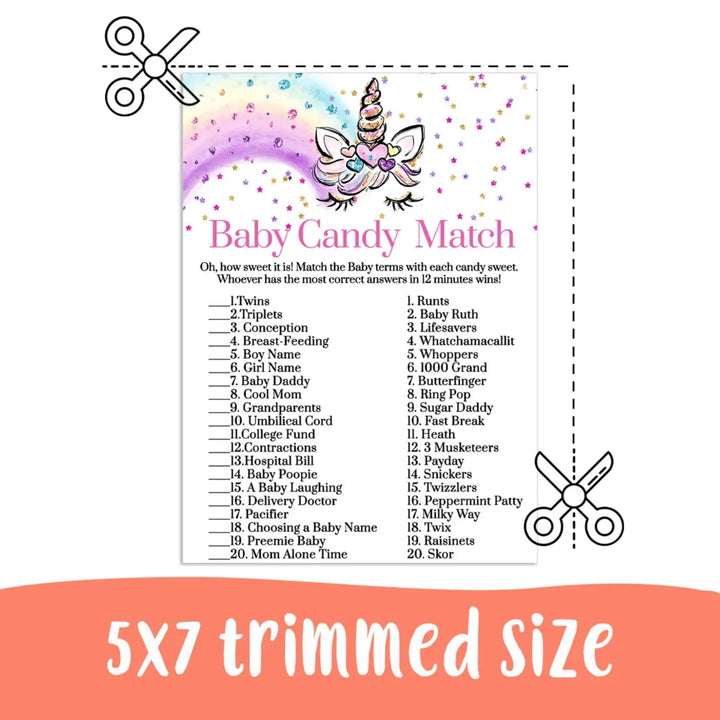 Unicorn baby shower candy matching game printable pdf whimsical rainbows - party games