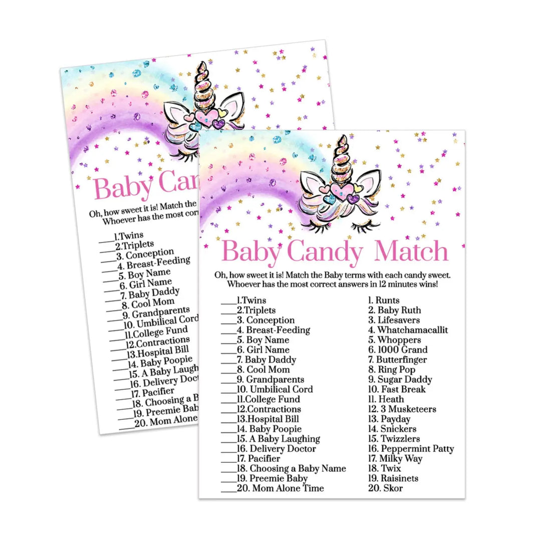 Unicorn baby shower candy matching game printable pdf whimsical rainbows - party games
