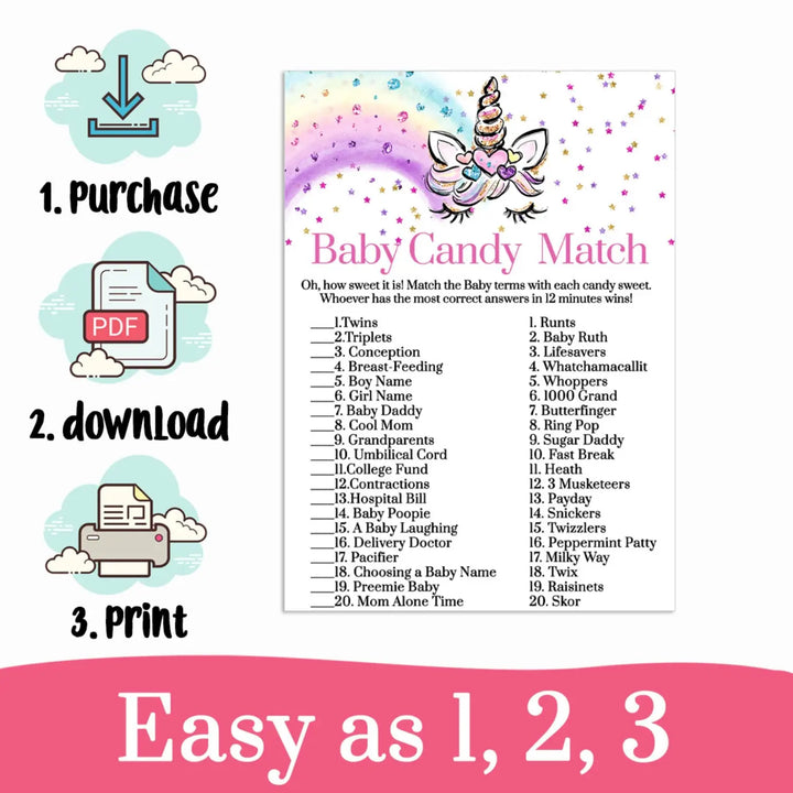 Unicorn baby shower candy matching game printable pdf whimsical rainbows - party games