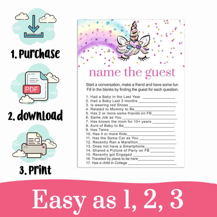 Unicorn Baby Shower Find the Guest Game Printable Instant PDF Download - Paper Clever Party