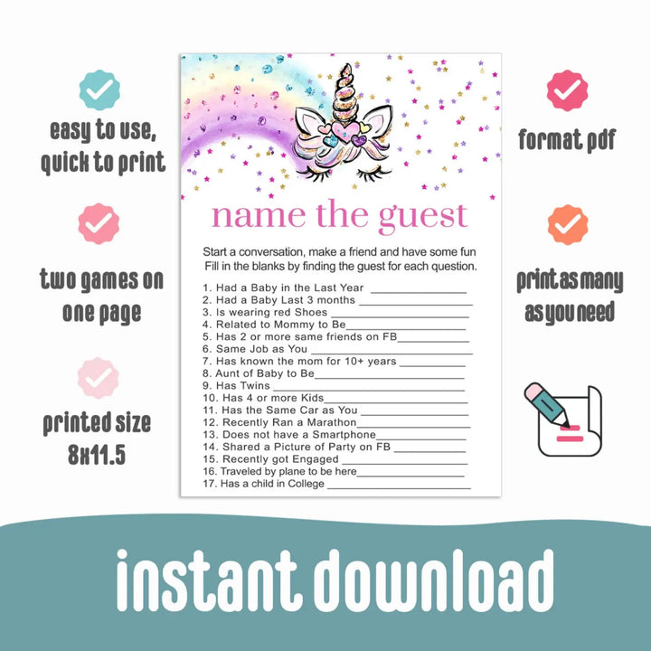 Unicorn Baby Shower Find the Guest Game Printable Instant PDF Download - Paper Clever Party