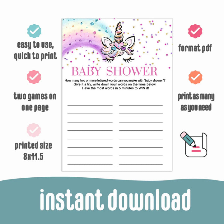 Unicorn Baby Shower Game - Fun Word Creation Challenge - Printable PDF - Paper Clever Party