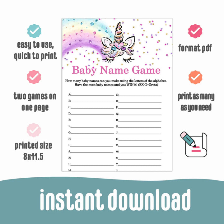 Unicorn baby shower name race game printable pdf download whimsical - party games