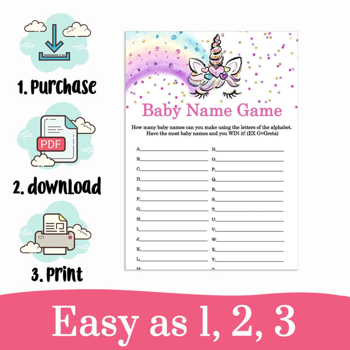 Unicorn baby shower name race game printable pdf download whimsical - party games