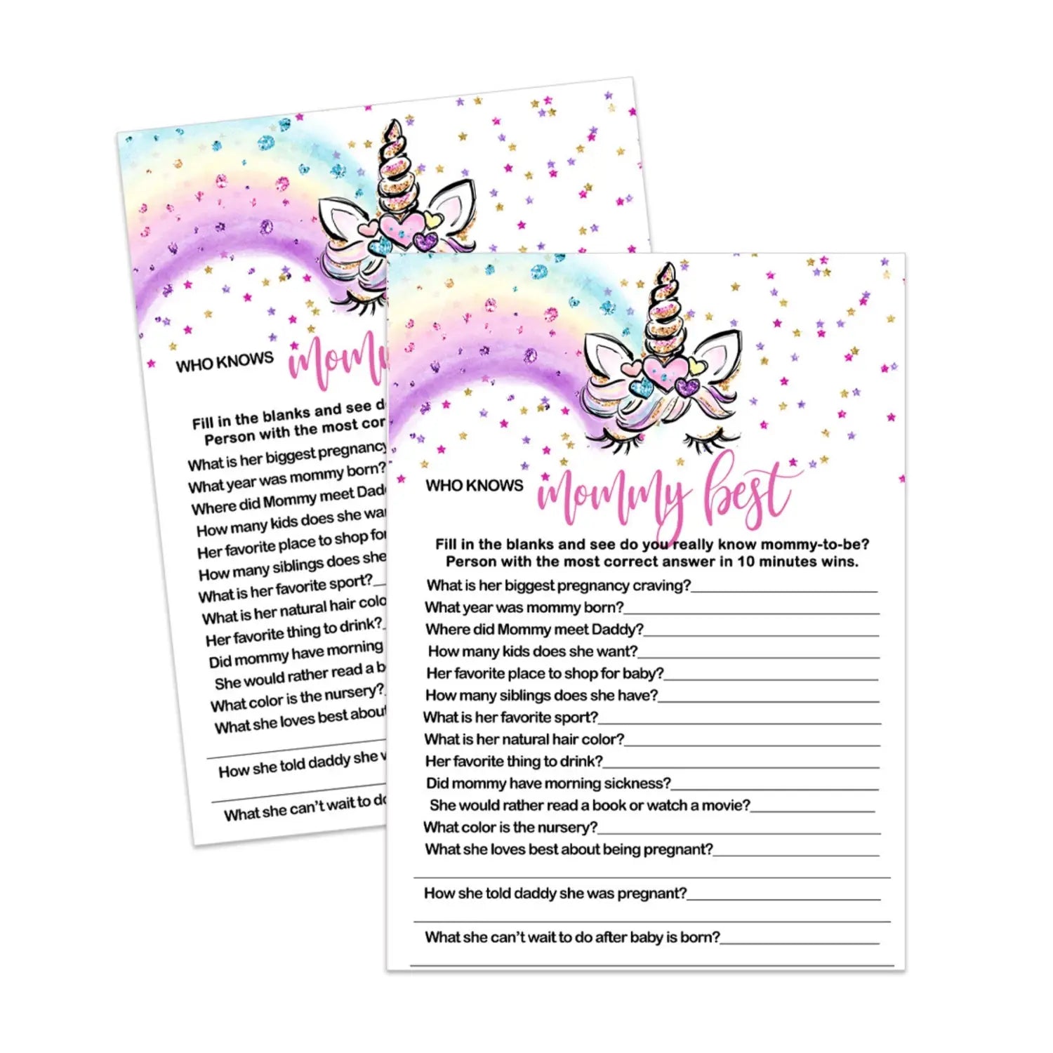 Unicorn who knows the mommy best baby shower game printable rainbows - party games