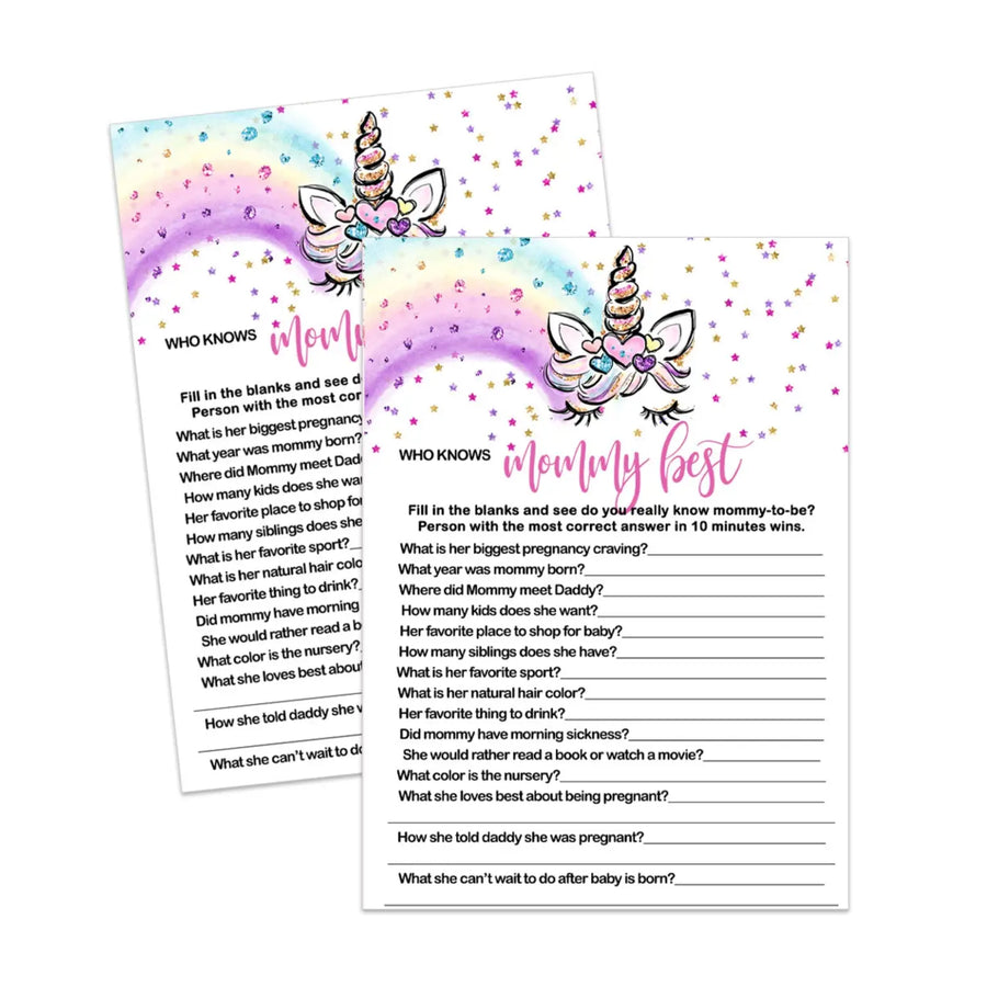 Unicorn Who Knows the Mommy Best Baby Shower Game  Printable Rainbows - Paper Clever Party