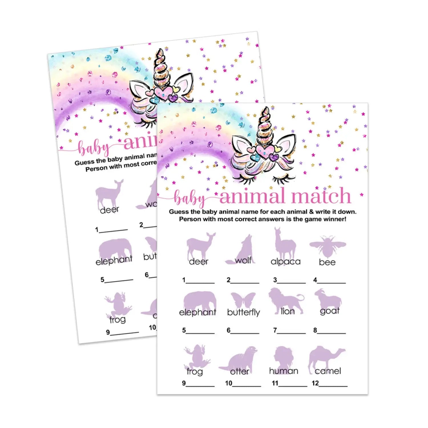 Unicorn printable baby shower animal matching game pdf download party activity - games