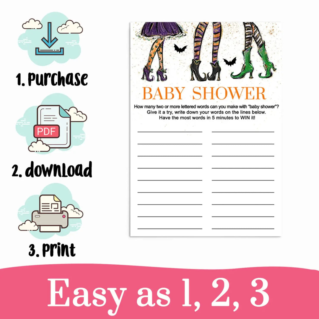 Unique witch-themed baby shower game - interactive word challenge - easy-to-print pdf - party games