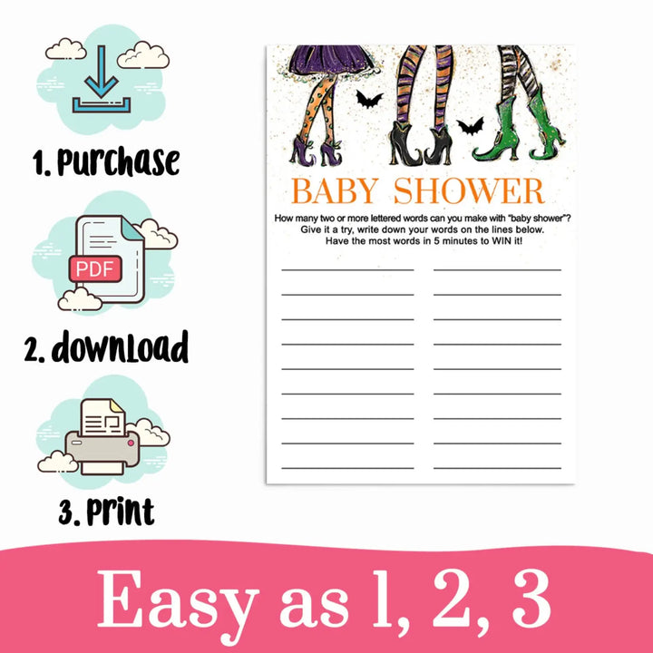 Unique witch-themed baby shower game - interactive word challenge - easy-to-print pdf - party games