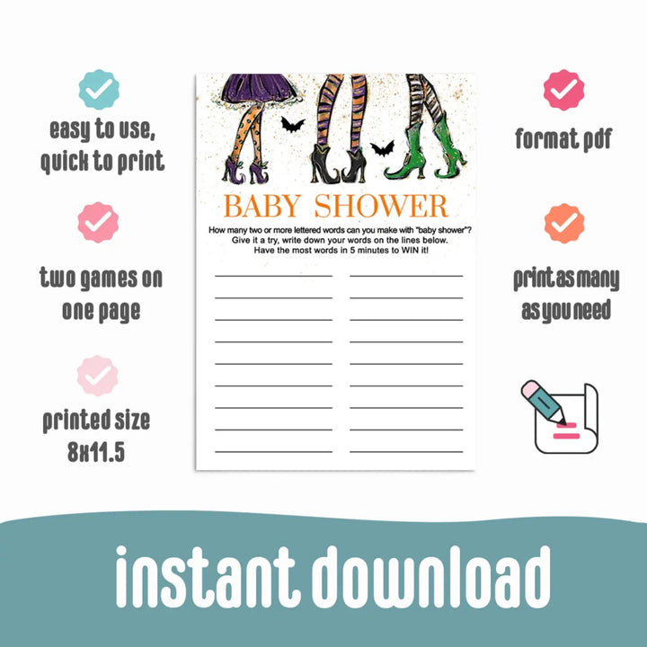Unique witch-themed baby shower game - interactive word challenge - easy-to-print pdf - party games