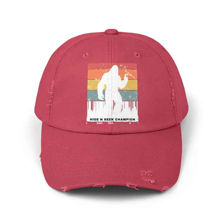 Unisex distressed cap - hide n seek champion hat for outdoor lovers - sasquatch gift nature hiker teenager retro style