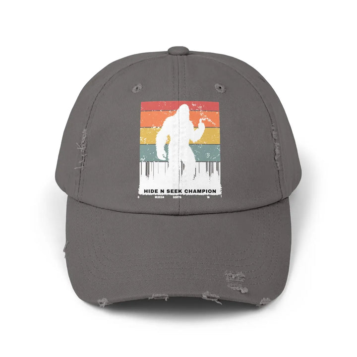 Unisex distressed cap - hide n seek champion hat for outdoor lovers - sasquatch gift nature hiker teenager retro style