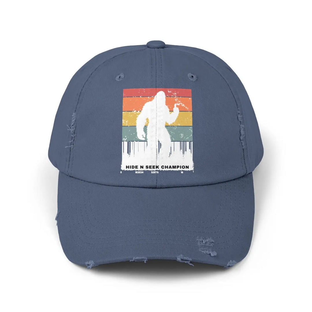 Unisex distressed cap - hide n seek champion hat for outdoor lovers - sasquatch gift nature hiker teenager retro style