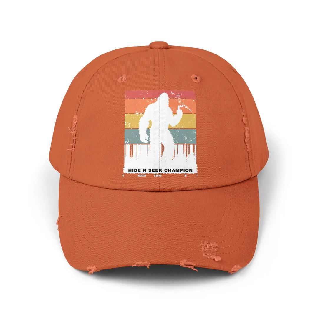 Unisex distressed cap - hide n seek champion hat for outdoor lovers - sasquatch gift nature hiker teenager retro style