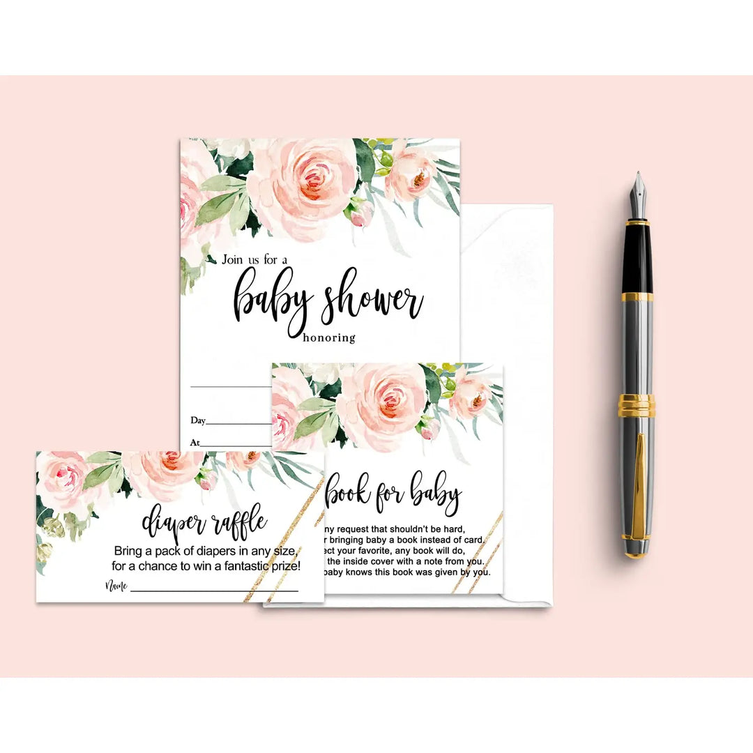Vintage Pink Floral Baby Shower Invitation Set (25 Count) - Paper Clever Party