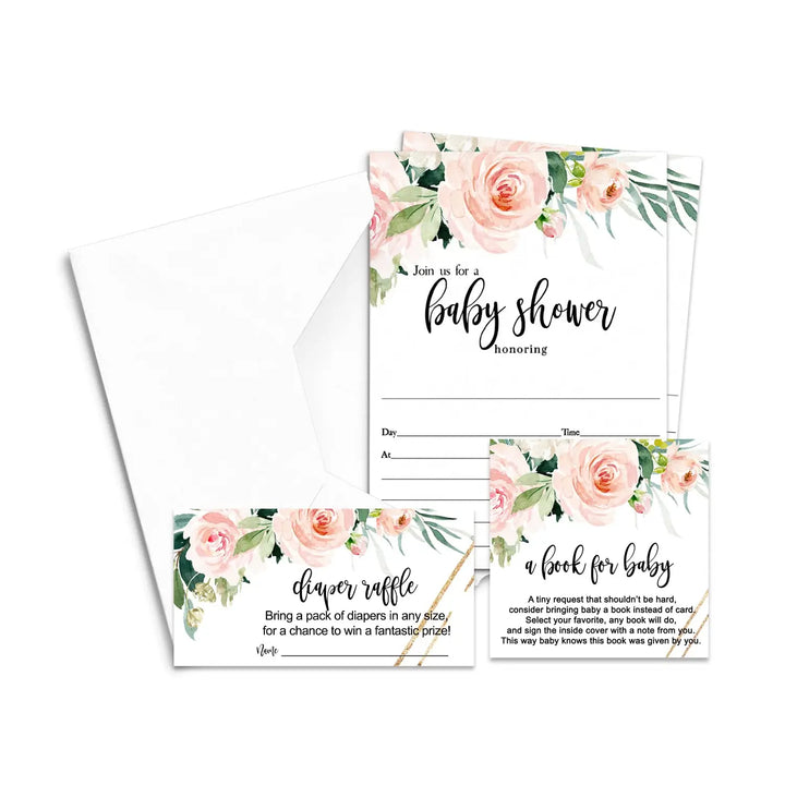 Vintage Pink Floral Baby Shower Invitation Set (25 Count) - Paper Clever Party