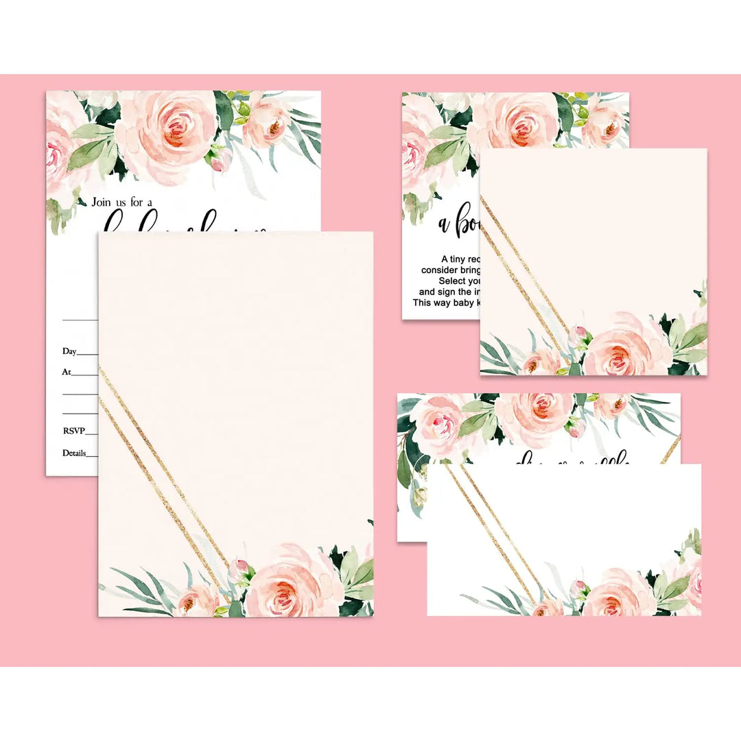 Vintage Pink Floral Baby Shower Invitation Set (25 Count) - Paper Clever Party