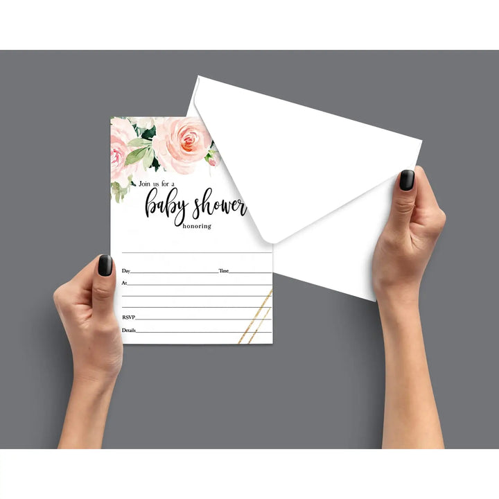 Vintage Pink Floral Baby Shower Invitation Set (25 Count) - Paper Clever Party