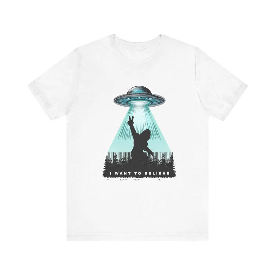 I want to believe unisex tee - fun retro graphic t-shirt bigfoot hide n seek champion - white / xs