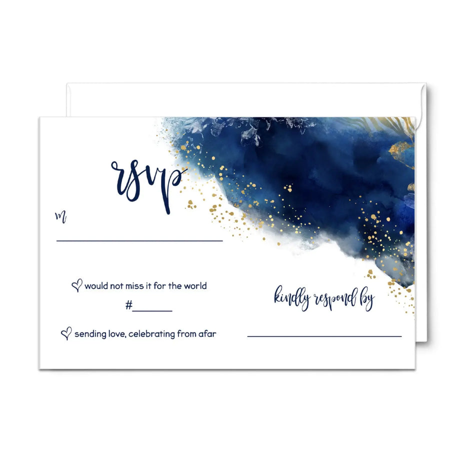 Watercolor Gold Floral Blue RSVP Cards - Elegant Wedding Response Set, 3.5x5, Envelopes Included, 25 Pack - Paper Clever Party