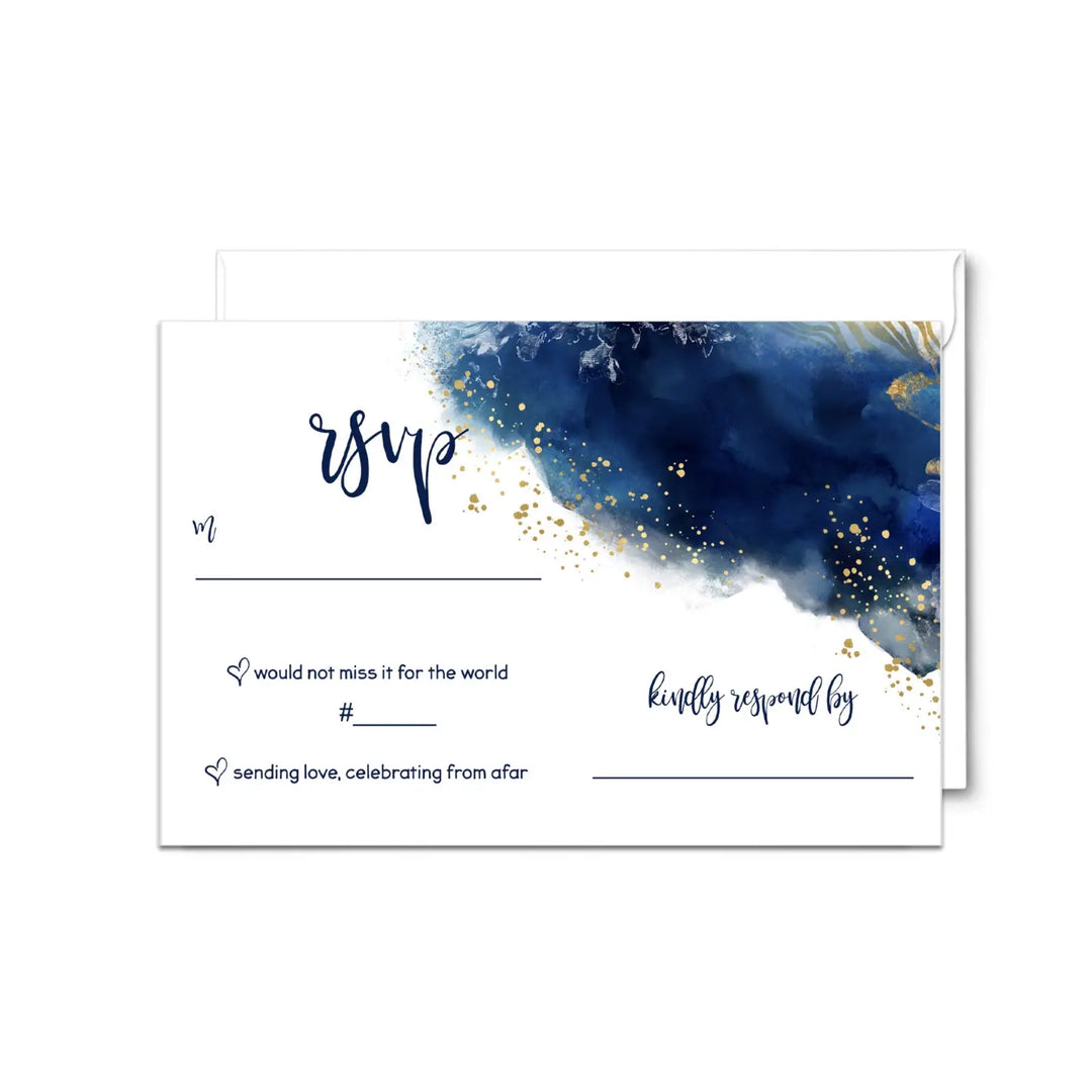 Watercolor gold floral blue rsvp cards - elegant wedding response set 3.5x5 envelopes included 25 pack - invitations