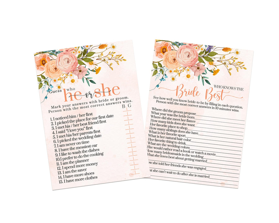 Wedding Fall Floral He or She Said and Bride Best Terracotta Floral Bridal Shower Games - 5x7 Cards 2 Pack for 25 Guests - Paper Clever Party