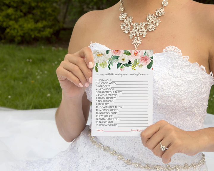 Wedding Word Scramble Graceful Floral Bridal Shower Game - Unscramble Activity with Pink and Gold Greenery, 5x7 Cards for 25 Guests - Paper Clever Party