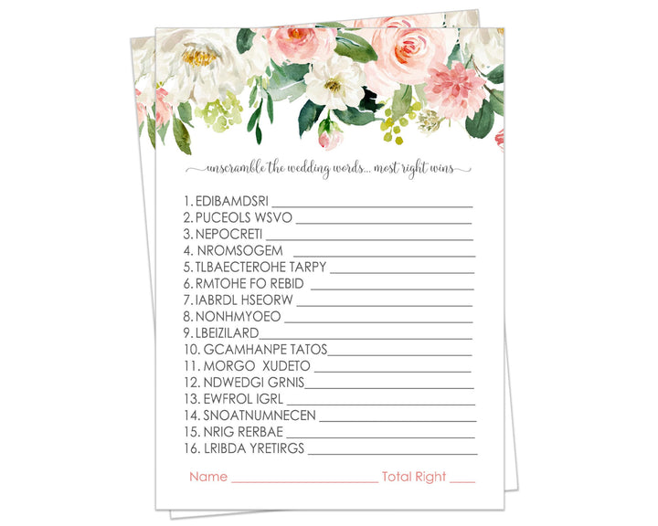 Wedding Word Scramble Graceful Floral Bridal Shower Game - Unscramble Activity with Pink and Gold Greenery, 5x7 Cards for 25 Guests - Paper Clever Party